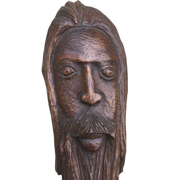 Vintage 1986 Wood Carving Mans Head with Mustache and Beard 16.5″x5 3/4″x3″ - Picture 2 of 6